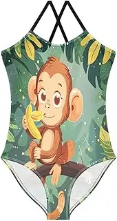[RPLIFE] Cute Cartoon Monkey Green Leaves One Piece Girls Swimsuit, Beach Apparel 3-10 Y with Adjustable Shoulder Strap, 3-10 Y
