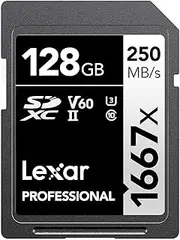 Lexar 128GB Professional 1667x SDXC Memory Card, UHS-II, C10, U3, V60, Full-HD & 4K Video, Up to 250MB/s Read, for Professional Photographer, Videographer, Enthusiast (LSD128CBNA1667)