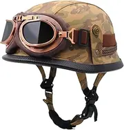 Vintage Half Shell Helmet Motorcycle Leather Half Helmet with Black Goggles and Removable and Washable Liner Motorcycle Helmet for Adult Men Women DOT/ECE Approved