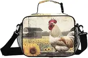 Insulated Lunch Box Rooster Farm Sunflower for Women Men - Ideal for Work, Picnics - Includes Adjustable Shoulder Strap