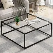 Adompacat Black Glass Coffee Table for Living Room,Square Coffee Tables for Small Spaces,Simple Tea Cocktail Modern Center Tables, Living Room Tables,Easy Assembly,26 * 26in（Black & Clear Glass）