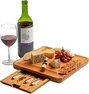 Bamboo Cheese Board with Cutlery Knife Set, Non Slip Wood Charcuterie Serving Tray with Slide Out Drawer and 4 Kitchen Stainless Steel Knives. Cheese Board Bamboo