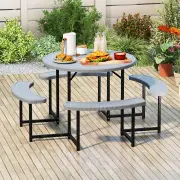 CostwayRound Picnic Table Bench Set Outdoor Circular Picnic Table with 4 Benches-Grey