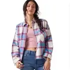 Francesca's Plaid Shacket Flannel Oversized Shirt Blue Long Sleeve Cotton Medium