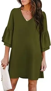 [BELONGSCI] Women's Dress Sweet & Cute V-Neck Bell Sleeve Shift Dress Mini Dress