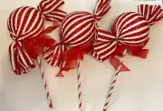 Christmas Ornament Pick Peppermint Candy Cane Gingerbread Red White Sweets 3pc