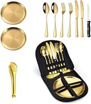 LMSNE Camping Cutlery Set, 10 Pieces Stainless Steel Portable Travel Silverware with Organizer Bag Cutlery for Hiking and Camping Kitchen (Gold)