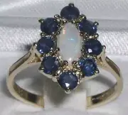 Solid 14k Yellow Gold Natural Opal & Sapphire Womens Cluster Ring