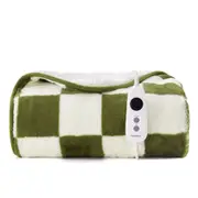 Dreamaker Checkered Plush Electric Heated Throw Blanket [130x160cm] (Olive/Cream)
