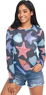 [RPLIFE] Cute Starfish Shells Blue Mesh Long Sleeve Shirt, Sexy Mesh Tops for Women S-XXL, Cute Starfish Shells Blue, X-Large