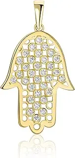 [PRINS JEWELS] Hamsa Hand of Fatima Pendant 14 Carat 585 Yellow Gold with Zirconia Stones, Gold, Cubic Zirconia