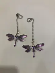 VINTAGE DRAGONFLY ANTIQUE SILVER PURPLE CEILING FAN LIGHT SWITCH PULL LARGE PAIR