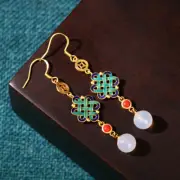 Chinese Hanfu Qipao Earrings Long Drop Knotting Natural Jade Vintage Earrings