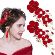 2 Pcs Red Flower Hair Clips Rose Floral Bridal Hairpins Crystal Pearl Flower