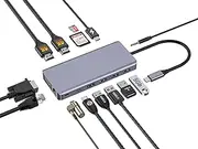 USB C Docking Station, 14 in 1 USB C Dock Triple Display, Laptop Docking Station with Dual HDMI, VGA, PD, RJ45, SD/TF, 3 USB 3.0, USB 2.0, Audio,Type C Data Port, Kensington Safety Lock, for MacBook