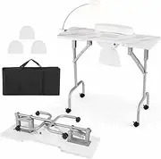 [Costway] Folding Manicure Nail Table with Electric Dust Collector, Portable Nail Tech Desk with LED Lamp, Client Wrist Pad, Carry Bag, 4 Lockable Wheels, Spa Salon Workstation (White)