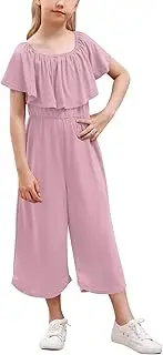 [GORLYA] Girls Scoop Neck Ruffle Overlay Jumpsuit Rompers Casual Loose Long Wide Leg Jumper Outfits 4-14T
