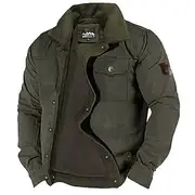 Men's Embroidered Fleece Jacket Sherpa Trucker Jacket Work Cargo Jacket Turn-Down Collar Warm Winter Cotton Jacket Vintage Casual Going Out Coat Multi-Pockets