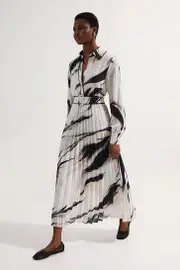 Printed Georgette Belted Pleated Woven Midi Dress