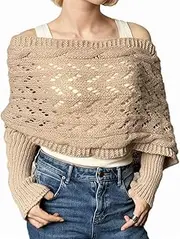 [PENTALES] Women's Trendy Shrug Sweaters with Sleeves,Multifunctional Winter Warm Knitted Cable Wrap Sweater Scarf for Women