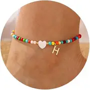 [TINGN] Anklets for Women 14K Gold-Plated Anklet Gold Jewellery Beads Boho Adjustable Anklet Waterproof Colourful Girls Children Foot Jewellery Letters A-Z with Heart Anklets for Women
