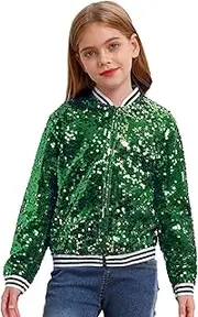 [FEESHOW] Kids Girls Sequin Bomber Jacket Sparkly Long Sleeve Hip Hop Jazz Dance Jacket Party Y2K Costume