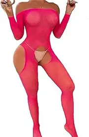 [Generic] Women's Long Sleeve Open Low Cut Body Stocking Women's Mesh Bodystocking Off The Shoulder Fishnet Bodysuit