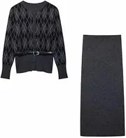 [Zadaos] Women'S 2 Piece Retro Knitted Cardigan Jacket And High Waist Slim Skirt Two Piece Set