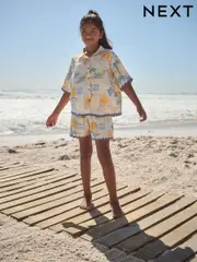 Blue/Yellow Resort Print 100% Cotton Shirt And Shorts Co-ord Set (3-16yrs) (AJ9739) | $39 - $53