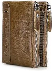 [Contacts] Mens Genuine Leather Bifold Wallet Double Zipper Pocket Wallet Coin Purse Brown
