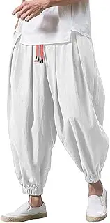 Men's Cotton Linen Harem Pants Drawstring Elastic Waist Drop Crotch Trousers Lightweight Loose Beach Yoga Pants with Pockets