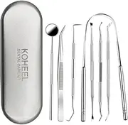 KOHEEL Dental Tools with Metal Case, 8 Count Teeth Cleaning Tools Set, Remove Plaque, Oral Care Hygiene Kit with 2 Type of Tongue Scraper, Tartar Scraper, Gum Cleaner, Dental Probe and Dental Tweezer (1 Pack)