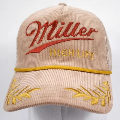 Miller High Life corduroy Trucker Snapback Hat Cap with Gold Rope & logo NWT