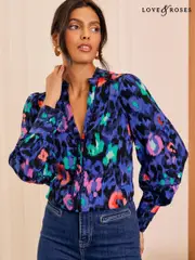 Love & Roses Blue Animal Leopard Print Ric Rac Notch Neck Long Sleeve Blouse (AD6987) | $88