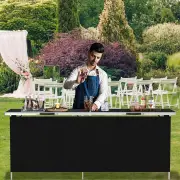 CostwayAluminum Portable Picnic Table with 2-Tier Open Shelves and Spacious Tabletop-Black