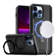 For iPhone 13/14 Case Magnetic Circle Ring Stand Fused Cover + Tempered Glass