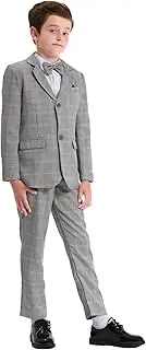 [mintgreen] Boys 6 Piece Suit Set Blazer & Trousers & Vest & Shirt & Tie with Pocket Square 116-164, Grid Grey, 116-122
