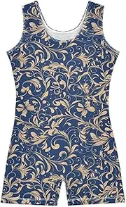[FRODOTGV] Blue and Gold Leafs Girls Gymnastics Leotards Soft Tumbling Outfit for Gymnastics, Training, Yoga
