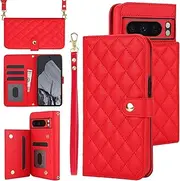 [SsHhUu] Crossbody Wallet Case for Google Pixel 8 Pro 2023,with Wrist Strap Shockproof PU Leather RFID Blocking Card Holder Double Magnetic Clasp Flip Kickstand Cover for Women Men,Red