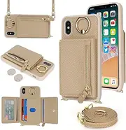 SunYoo for iPhone Xs Max Crossbody Case with Card Holders Money Slots Zipper Coin Purse Rotatable Ring Kickstand Cover Wristlet Strap Lanyard Litchi Leather Wallet Flip Cover for iPhone XSMax Cream