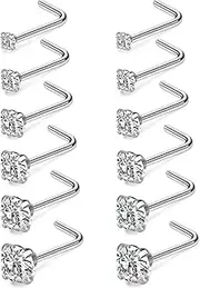 [Cisyozi] 12PCS 20G Stainless Steel Nose Rings Stud Set 1.5mm 2mm 2.5mm 3mm Diamond CZ Screw L Shaped Bone Nostril Piercing Jewelry for Women Men