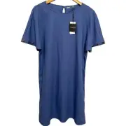 NEW Tahari Linen Blend Shirt Dress Women's 12 Blue Shift Mini Coastal Classic