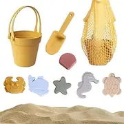 KBIBCK Silicone Sand Toy Set, Beach Toy for Children, 9-in-1 Silicone Beach Toy Set with Bucket, Mesh Bag, Shovels, 6 Sand Moulds, Beach Set, Sand Toy for Boys and Girls (Orange)