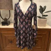 PPLA Women Size Medium Boho Peasant Bell Sleeve Dress Peacock Lined Navy New