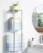 Towel Racks for Bathroom, 2 Tier Wall Towel Holder with Wood Shelf, Metal Wal...