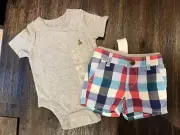 NWT BABY GAP BOYS 3-6 GRAY OUTFIT ONE PIECE CHECKERED SHORTS NEW BLUE