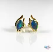 Genuine Australian Opal Stud Earrings 6x4mm 18ct Gold Plated Sterling Silver