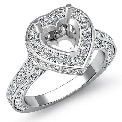 Diamond Engagement Filigree Ring Heart Semi Mount Halo Pave Set 14k W Gold 1.6Ct