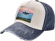 [pvinnk] Airplane in The Evening Lights Print Distressed Baseball Cap Adjustable Hat with Classic Unisex Style for All Seasons