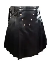 Mens BLACK Leather Gladiator Pleated Kilt Front Pocket Wrap - Halloween Style